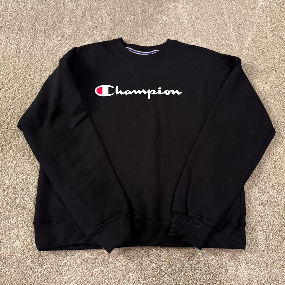 Champion Script Logo Crewneck Sweatshirt Black Size Small Classic Athletic
